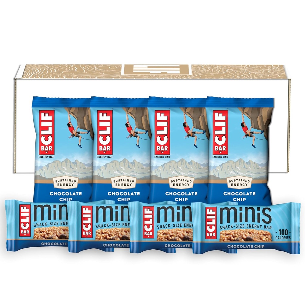 CLIF BAR - Chokolade Chip - Fuld størrelse og Mini Energy Bars - Made with Organic Oats - Non-GMO - Plant Based - 2,4 oz. og 0,99 oz. (20 Greve)