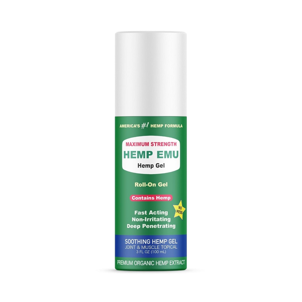Hamp Emu - Hamp Roll On Gel - Muscle Rub til Tilbage & fælles ubehag - Lindrende Gel med Organic Hamp Oil, Emu Oil, Menthol, Eucalyptus, Aloe Vera