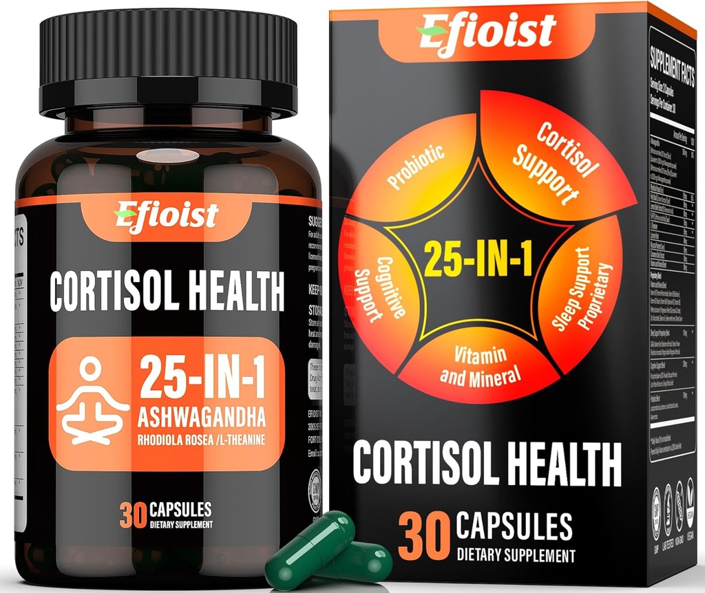 Cortisol supplement til kvinder, 25-in-1 Cortisol Reducer for kvinder & mænd, Cortisol kosttilskud til mænd med Ashwagandha, Rhodiola Rosea, L- Theanine, for Mood, Focus, Sleep Support, 30 Kapsler