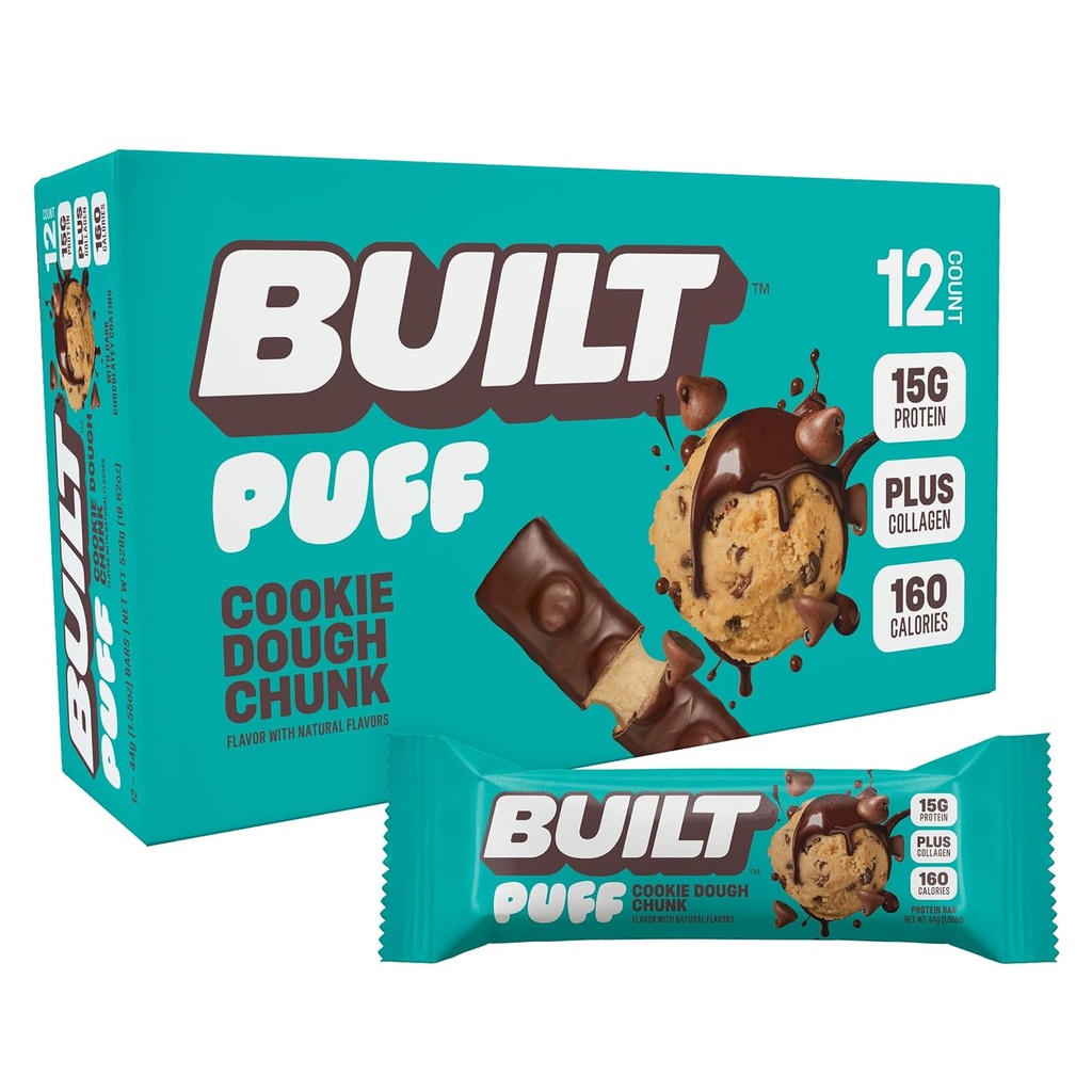 Bygget bar, Puff Protein Bars, Cookie Dough Chunk Puff, 15g Protein Snacks, On- The- Go Bars, Kun 160 kalorier, 8g Sukker, Collagen, Ikke Gluten Free, 12 Greve