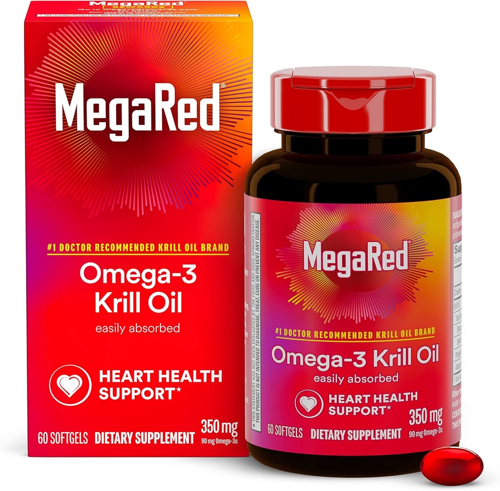 Omega-3 Krill Oil 350mg Softgels, MegaRed (60 Greve i en flaske), EPA & DHA Omega-3 Fedtsyrer med ingen Fishy Eftersmag i modsætning til Fish Oil, Indeholder antioxidant Astaxanthin