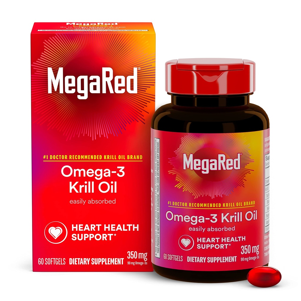 Omega-3 Krill Oil 350mg Softgels, MegaRed (60 Greve i en flaske), EPA & DHA Omega-3 Fedtsyrer med ingen Fishy Eftersmag i modsætning til Fish Oil, Indeholder antioxidant Astaxanthin
