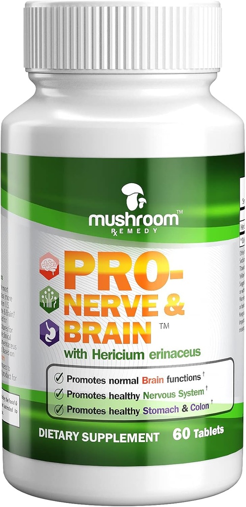 PRO- Nerve & Brain; All- Natural Herbal supplement til hukommelse, nervesystem, Mave, Colon, fordøjelsestrakt, Klinisk Studerede Lions Mane Mushroom ekstrakt, Vegan, Non- GMO, USA Made, 60 tabletter