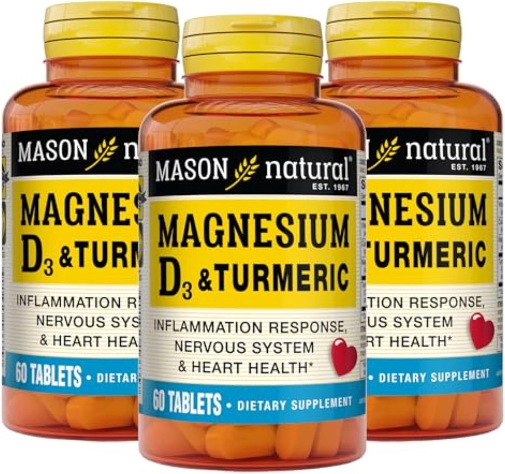 MASON NATURAL Magnesium & D3- vitamin med gurkemeje, 180, Dagforsyning, Kosttilskud til daglig wellness support, 60 tabletter (pakke med 3)