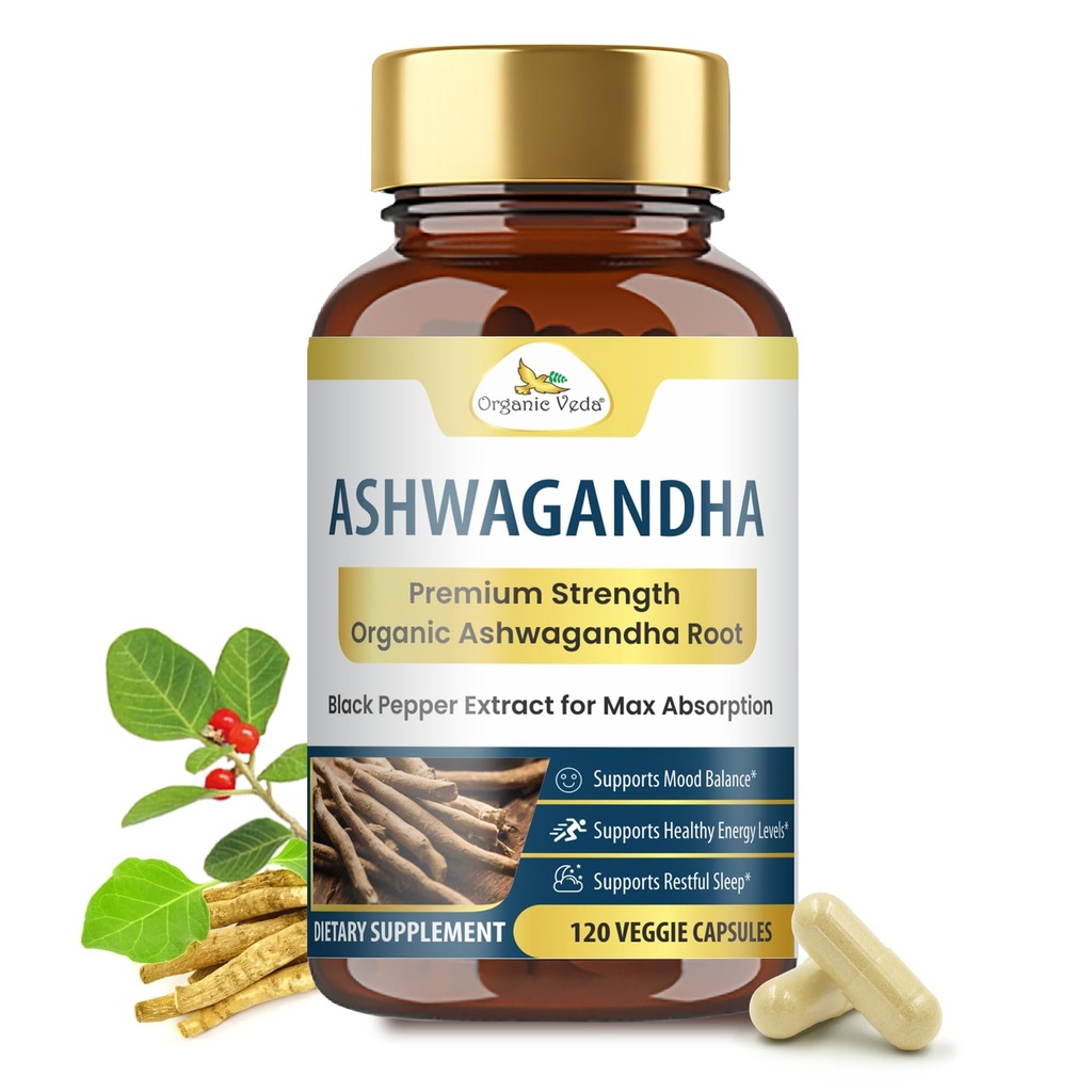Organic Veda Ashwagandha Kapsler, 2000mg - 100% Pure Ashwagandha Root Supplement med Black Pepper Extract for maksimal absorption - Boost Energy, Adrenal, Immunity & Mood - Vegan - 120 Greve