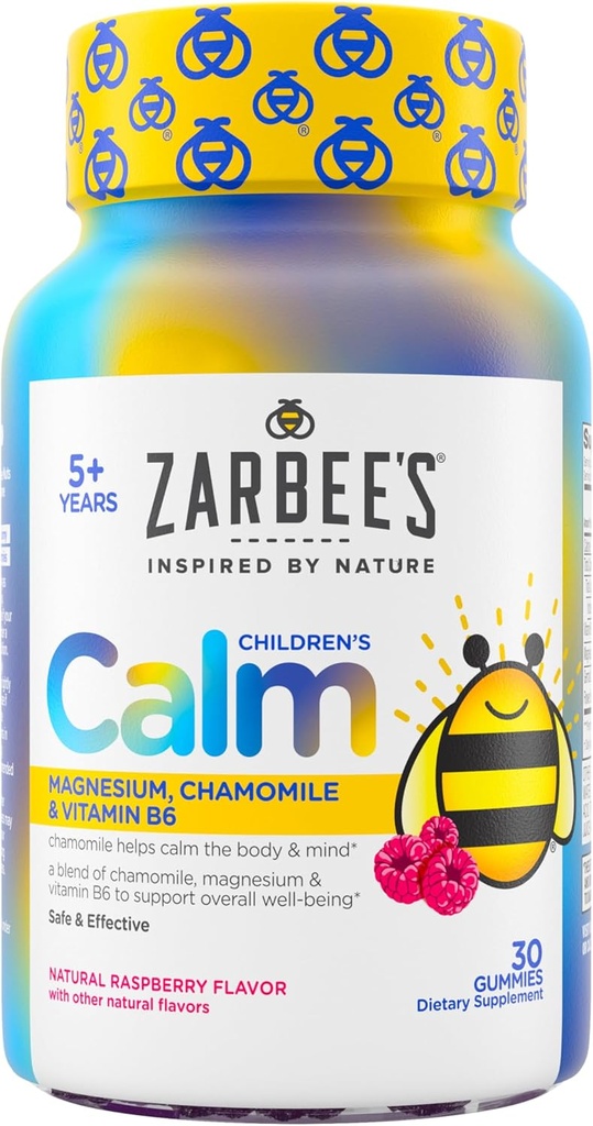 Zarbee 's Naturals Children' s Cale Gummies, Magnesium til børn i alderen 5 +, Melatonin-fri, Støtte til en rolig sind & krop, Kamille & Vitamin B6, Natural Raspberry Flavor, 30 Count Gummies