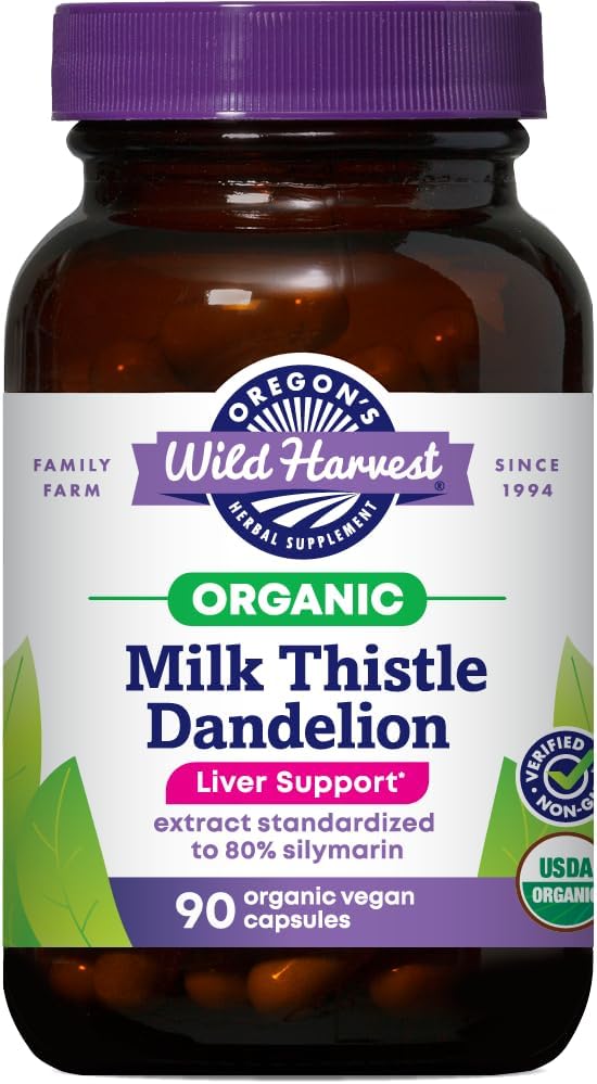 Oregon 's Wild Harvest Certified Organic Milk Thistle Dandelion Capsules Lever Support Extract Standardiseret til 80% Silymarin, 90 Greve