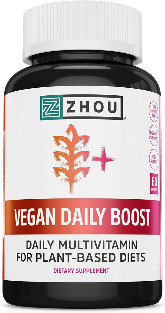 Zhou Vegan Multivitamin til kvinder & mænd, Daily Vegan supplement, Essential Multi Vitamin med jern & zink til energi, Vitality, immunforsvar, & hele kroppen sundhed - 60 Veg Caps