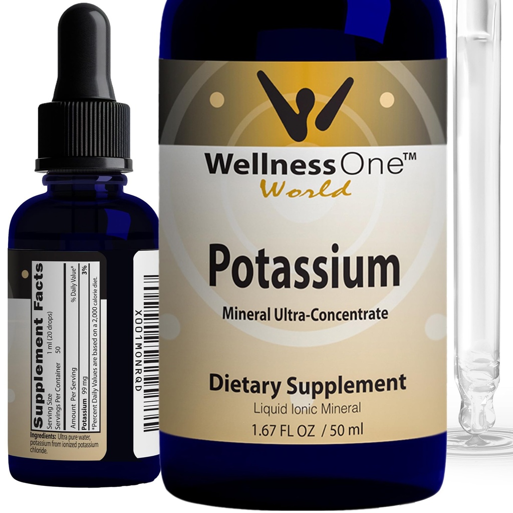 WellnessOne Ionic Kalium Supplement - Kaliumchloriddråber til hurtig absorption - Boost immunsystem & muskelfunktion - USA Testet, Vegan, Non- GMO, Gluten Free, Unflavored, 1.67 fl oz