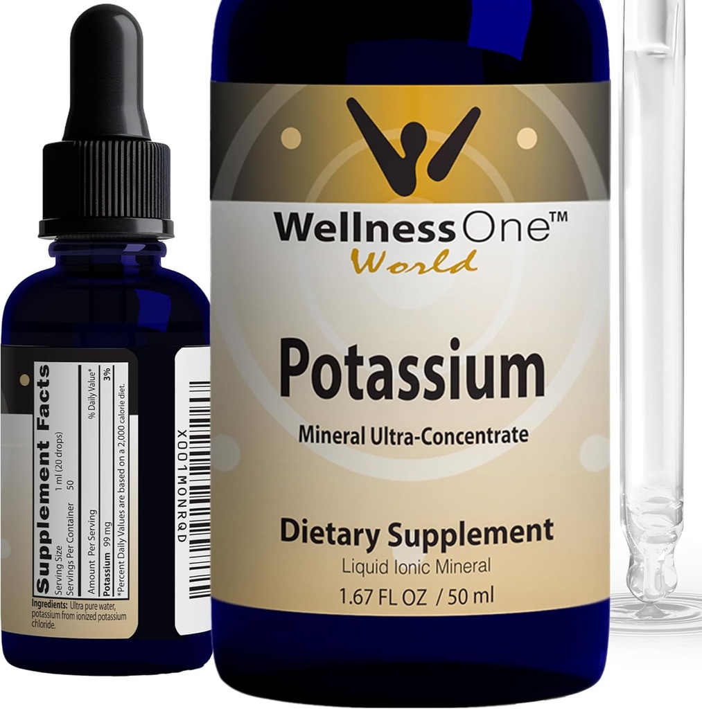 WellnessOne Ionic Potassium Supplement - Potassium Chloride Drops for Fast Absorption - Boost Immune System & Muscle Function - USA Tested, Vegan, Non-GMO, Gluten Free, Unflavored, 1.67 fl oz