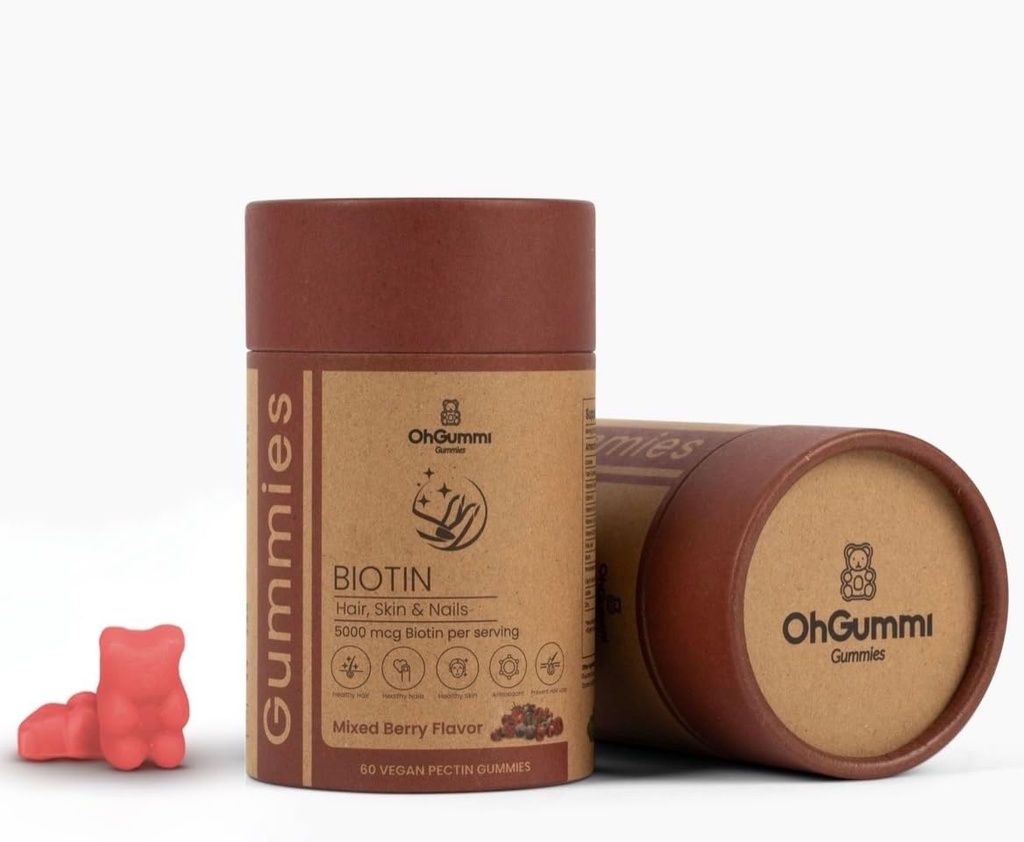 Biotin 5000mcg Gummies med VIT A, B12, C, D3, E + folinsyre (Vegan Biotin)