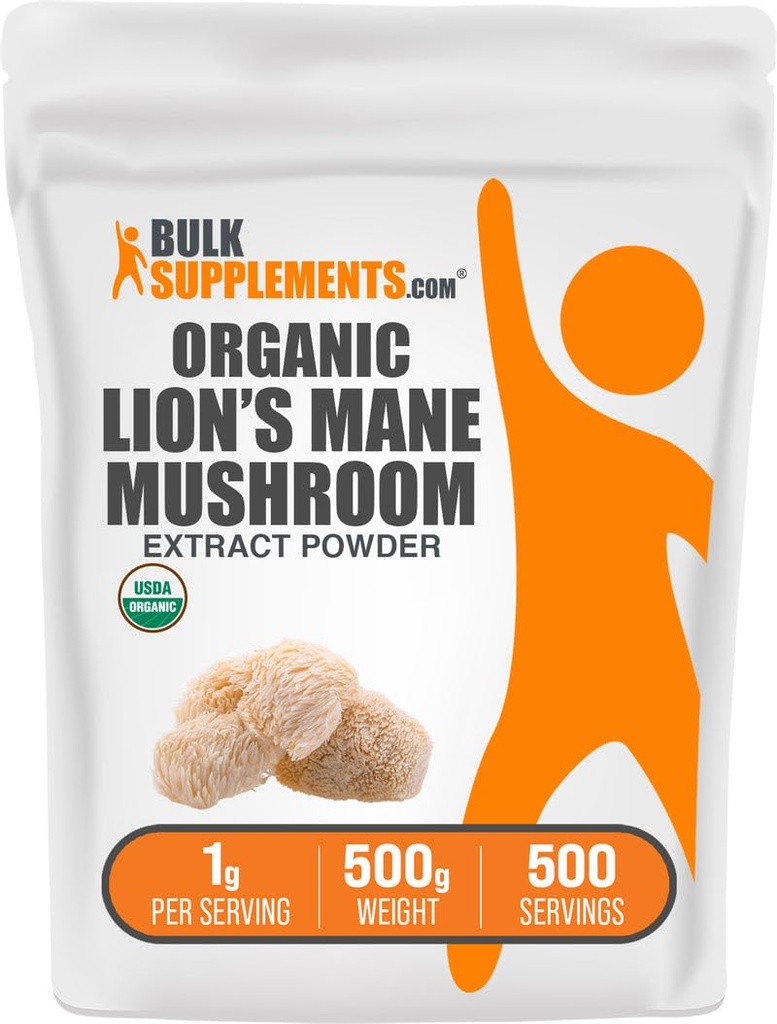 BulkSupplements.com Organic Lions Mane Mushroom Extract Powder - Mushroom Supplement, Brain Supplement for Memory and Focus Support - Vegan, 1g per Serving, 500g (1.1 lbs) (Pack of 1)
