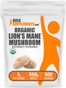 BulkSupplements.com Organic Lions Mane Mushroom Extract Powder - Mushroom Supplement, Brain Supplement for Memory and Focus Support - Vegan, 1g per Serving, 500g (1.1 lbs) (Pack of 1)