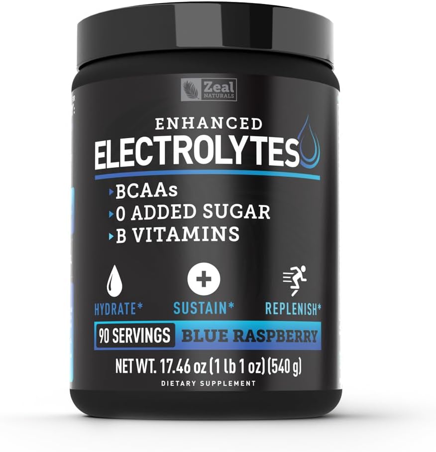 Zeal Naturals Electrolyte Powder Recovery Drink (90 Servings MSD 124; Blue Raspberry) w 0 Sukker + BCAAs + B-Vitaminer Electrolyte Supplement w Kalium Zink & Magnesium for Hydration - Keto Electrolytes