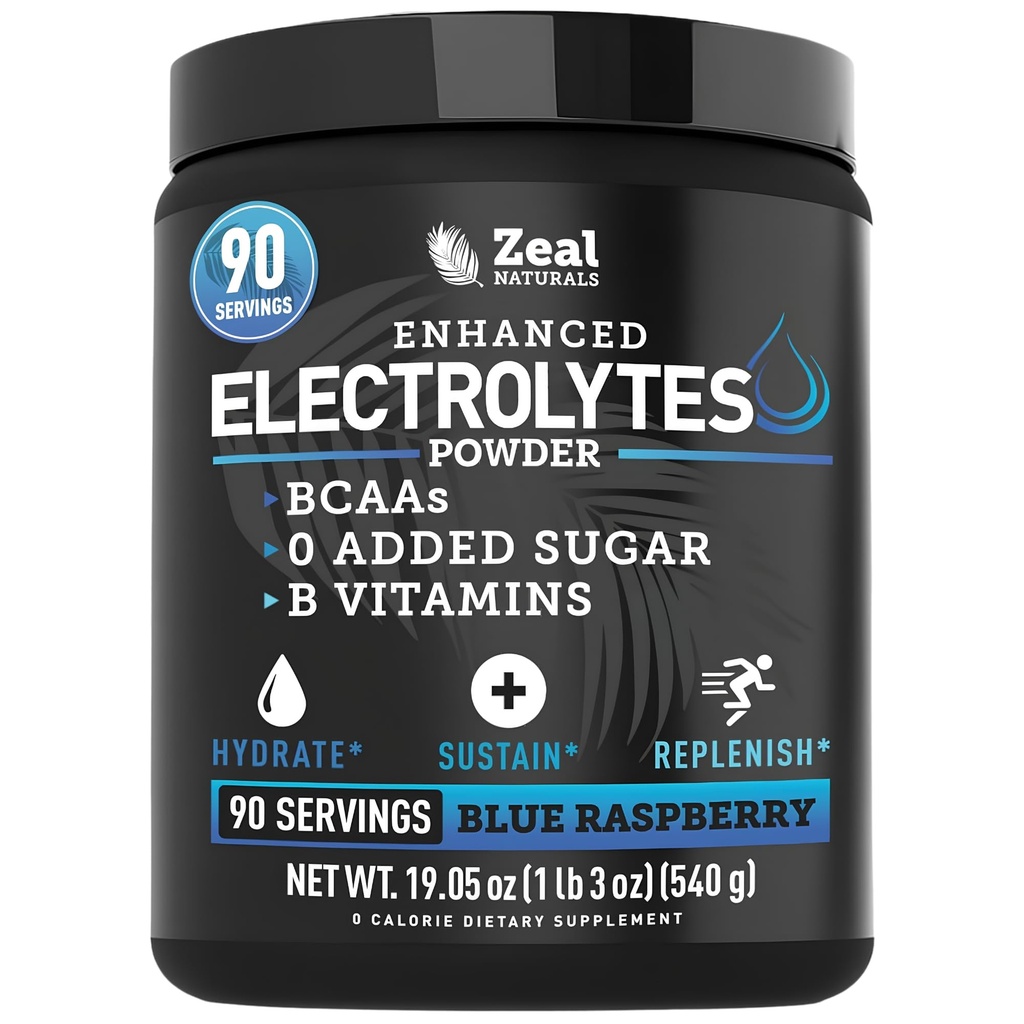 Zeal Naturals Electrolyte Powder Recovery Drink (90 Servings MSD 124; Blue Raspberry) w 0 Sukker + BCAAs + B-Vitaminer Electrolyte Supplement w Kalium Zink & Magnesium for Hydration - Keto Electrolytes