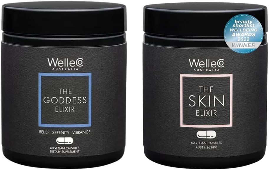 WelleCo The Goddess Elixir and Skin Elixir Bundle against 124; Menopause Supplement, Hormone Balance, Hjælper Night Sweats og Hot Flashs Budd124; Understøtter Collagen Dannelse for Healing, Firmness & Elasticitet
