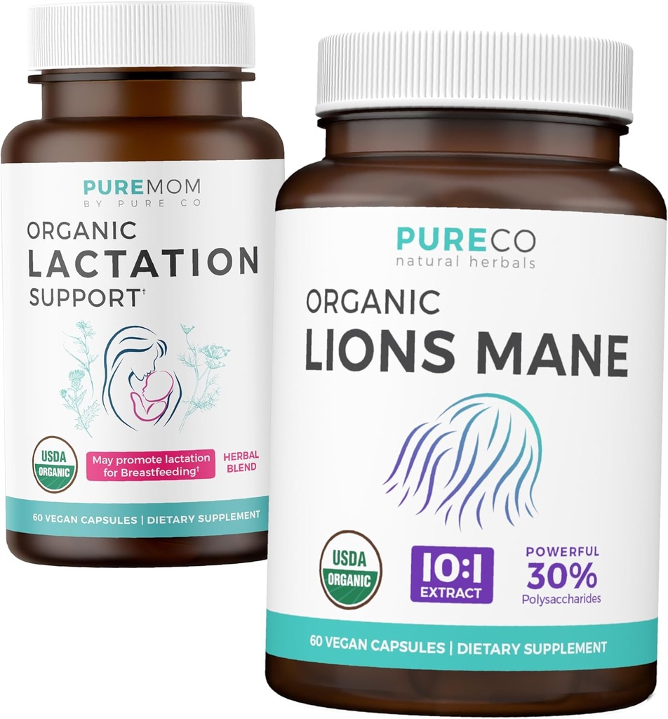 Amning Support & Lions Mane (1 - Måned Supply) Mødre Mind Bundle Organic Amning Support - Støtte til ammende mødre (60 kapsler) & Organic Lions Mane Mushroom 10: 1 Uddrag (60 kapsler)