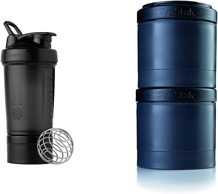 BlenderBottle Shaker Flaske med Pill Organizer og opbevaring for protein pulver, ProStak System, 22 Ounce, Midnight Black & ProStak Twist n 'Lock Storage krukker Expansion 2-Pak med Pill Tray, All Black