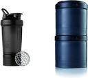 BlenderBottle Shaker Flaske med Pill Organizer og opbevaring for protein pulver, ProStak System, 22 Ounce, Midnight Black & ProStak Twist n 'Lock Storage krukker Expansion 2-Pak med Pill Tray, All Black