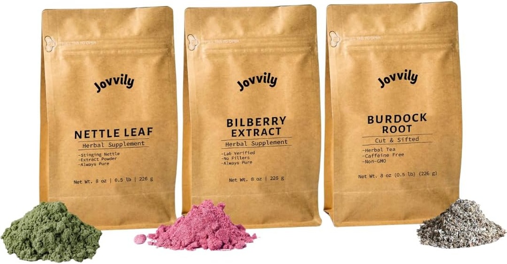 Nettle Leaf Powder, Bilberry Extract Powder, & Burdock Root Bundle - 8 oz - Kosttilskud & Teas