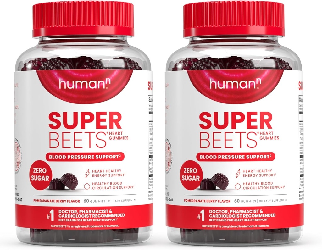 Humann SuperBeets Heart Gummies - Beet Gummy med Heart- Sund energistøtte, Grape Seed Extract & Beetroot Powder, Sukker Free - Pomegranat Berry Flavor, 120 Greve