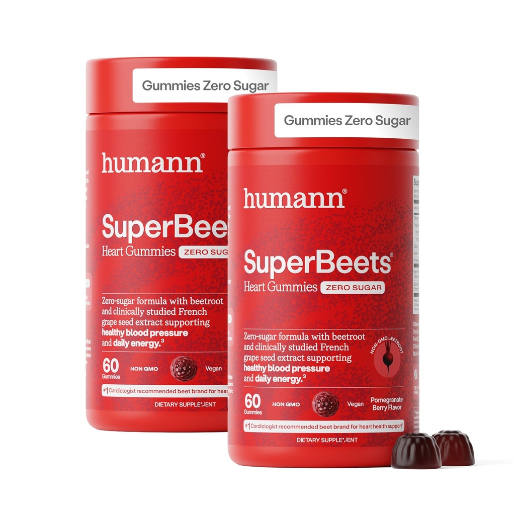 Humann SuperBeets Heart Gummies - Beet Gummy med Heart- Sund energistøtte, Grape Seed Extract & Beetroot Powder, Sukker Free - Pomegranat Berry Flavor, 120 Greve