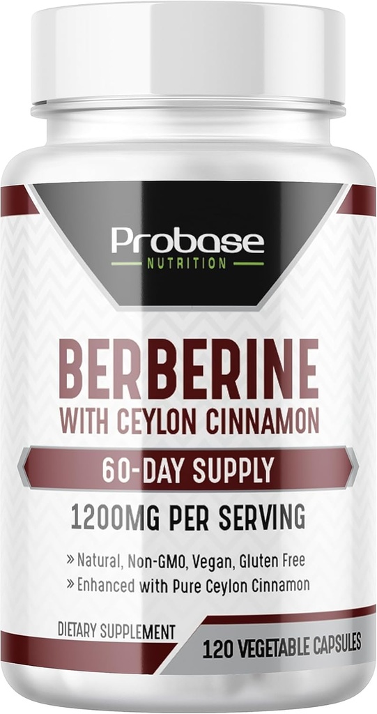 Probase Nutrition Berberine med kanel ekstrakt - Gluten Free og Vegan - 120 kapsler - 1200mg per servering