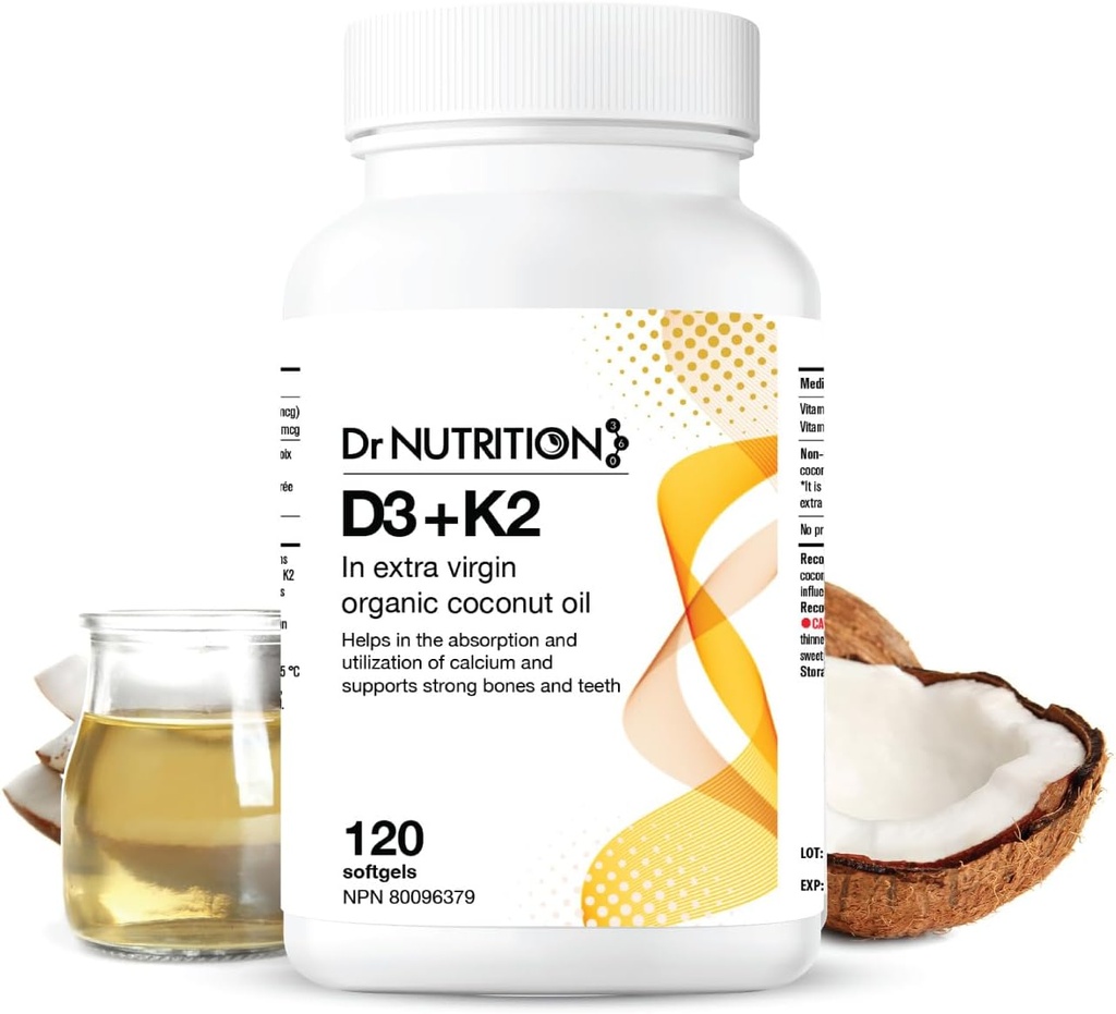 Vitamin D3 + K2 i Organic Coconut Oil, Vitamin K2 MK7 + D3 (1000 IE), Rapid Bone and Heart Health Formel, Hjælper Absorb og udnytte Calcium, støtter Immunitet, Forbedrer Mood - 120 Softgels