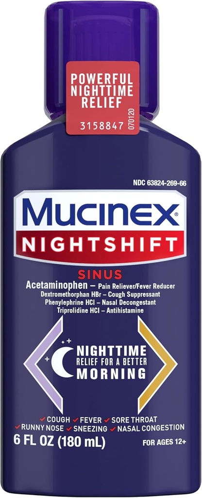 Mucinex Nightshift Sinus, Cold and Flu Hough Medicin For voksne, Kraftfuld Nighttime Sinus Medicin For Sinus Relief, Sore Throat Relief, Hough suppressant & Nasal Decongestant For voksne, 6 Fl Oz
