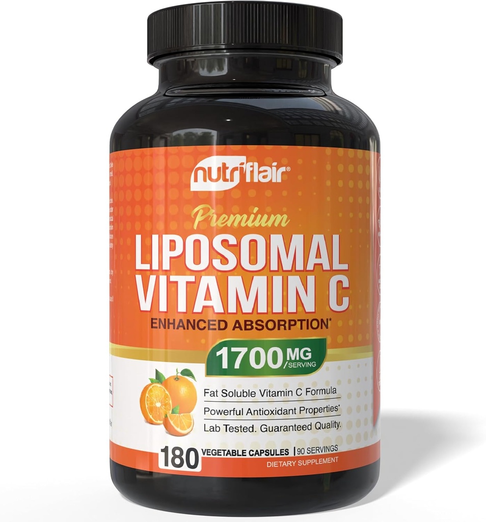 NutriFlair Liposomal Vitamin C 1700mg, 180 Capsules - High Absorption, Fat Soluble VIT C, Higher Bioavailability Immune System Support & Collagen Booster, Non-GMO, Vegan Pills