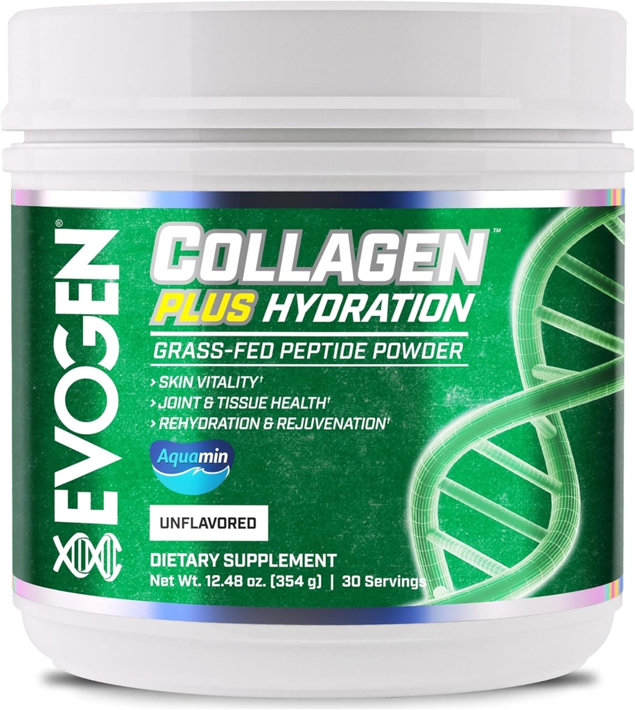 Evogen Collagen Plus Hydration - Grass- Fed Collagen for kvinder & mænd; Kollagen Peptider Pulver • 124; Kollagen Pulver støtte Skin Vitality, Hydration, Fælles & Tissue Sundhed • 124; Ikke flavored • 124; 30 Servering