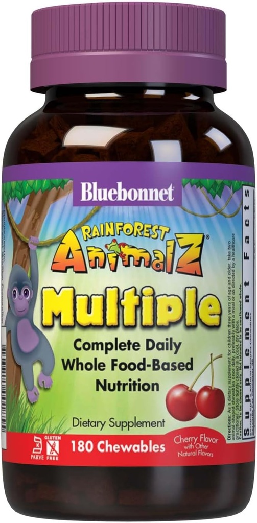 Bluebonnet Nutrition Rainforest Animalz Hele fødevarebaserede multiple tyggetabletter, Kids Multivitamin & Mineral, C-vitamin, D3, Jern, Gluten Free, Milk Free, Kosher, 180 tyggetabletter, Cherry Flavor