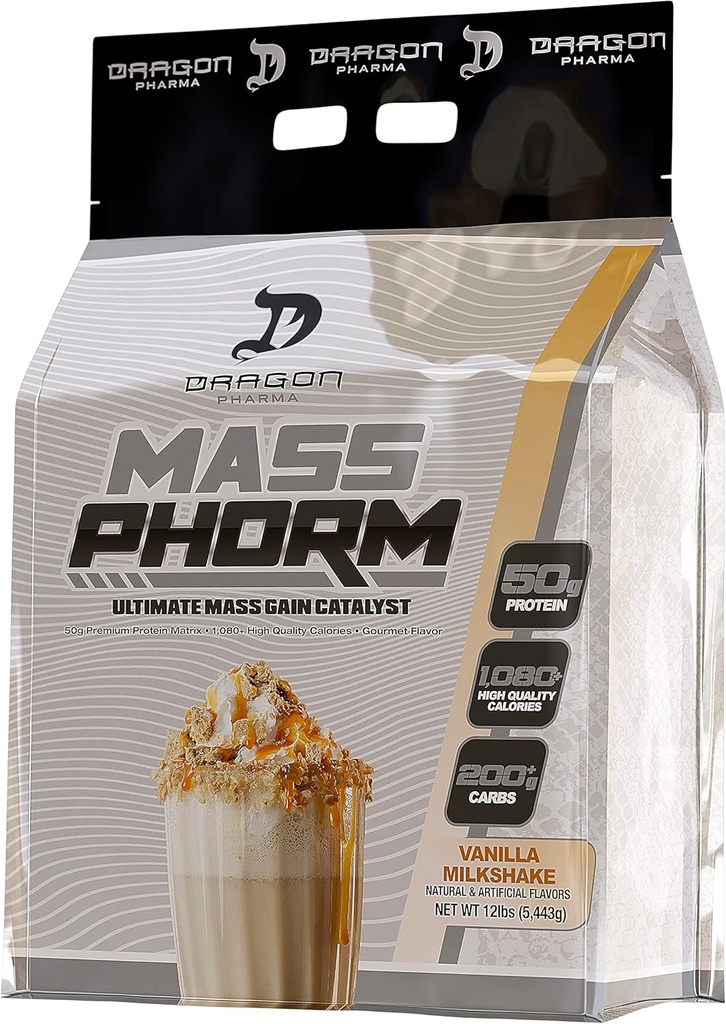 DRAGON PHARMA Mass Phorm, Ultimate Mass Gain Catalyst, 50g Protein Matrix, 200g Complex Kulhydrater, Over 1.000 kalorier per servering (20 Servere, Vanilla Milkshake)