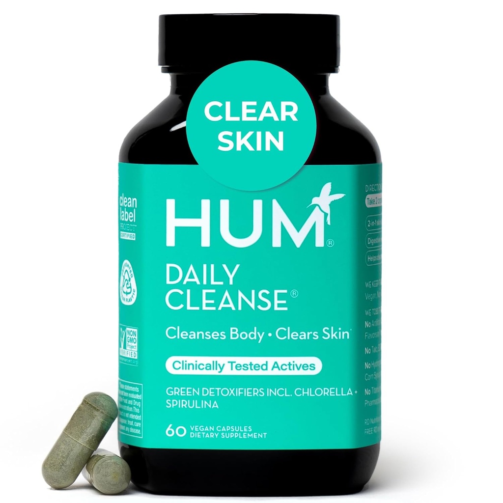 Hum Daglige Cleanse Acne Kosttilskud til kvinder & mænd, Gentle fordøjelsesmiddel Rengøring til klar hudstøtte, zink, Spirulina, Chlorella, afgiftende urter, Økologisk Alger, hudvitaminer supplement, 60 kapsler