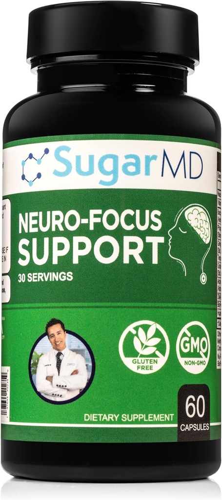 SugarMD Neuro- Focus Support - Brain Health Supplements for Memory - Focus and Clarity Formel of Bacopa, Ginkgo, & Bioperine for Cognitive Support - Non-GMO og Gluten- Free - 60 Kapsler