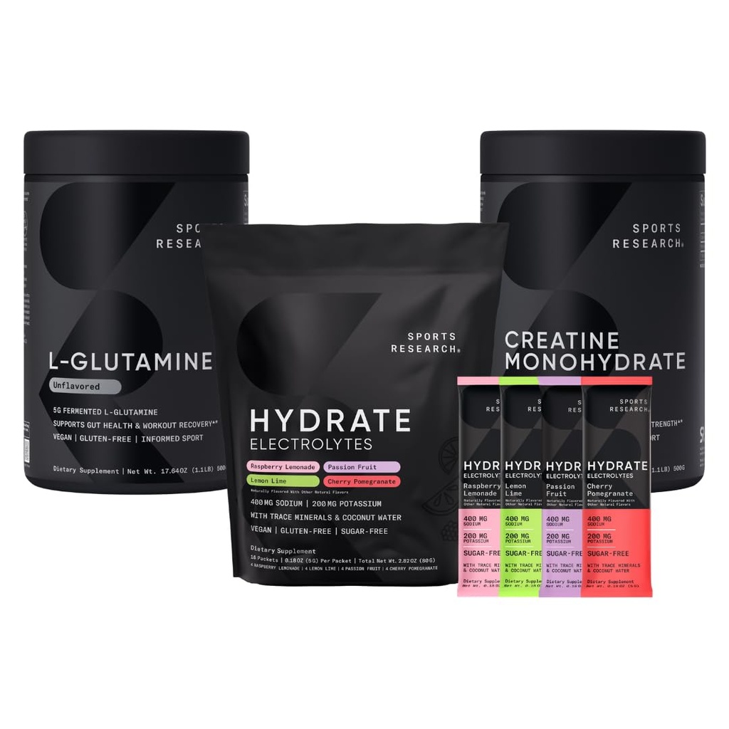 Sport Research L- Glutamin (1.1 lbs), Sugar- Free naturligt aromatiseret Hydrate Electrolytes 16x Variety Pakninger og Creatin monohydrat (1.1 lbs)