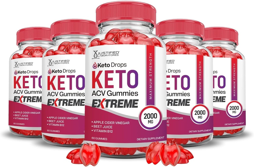 Justified Laboratories (5 Pack Keto Drops Keto ACV Gummies Extreme 2000MG Keto Drops Keto Gummies Advanced Formel Apple Cider Vinagar med Pomegranate Beet Juice Powder B12 Vegan Non GMO 300 Gummys