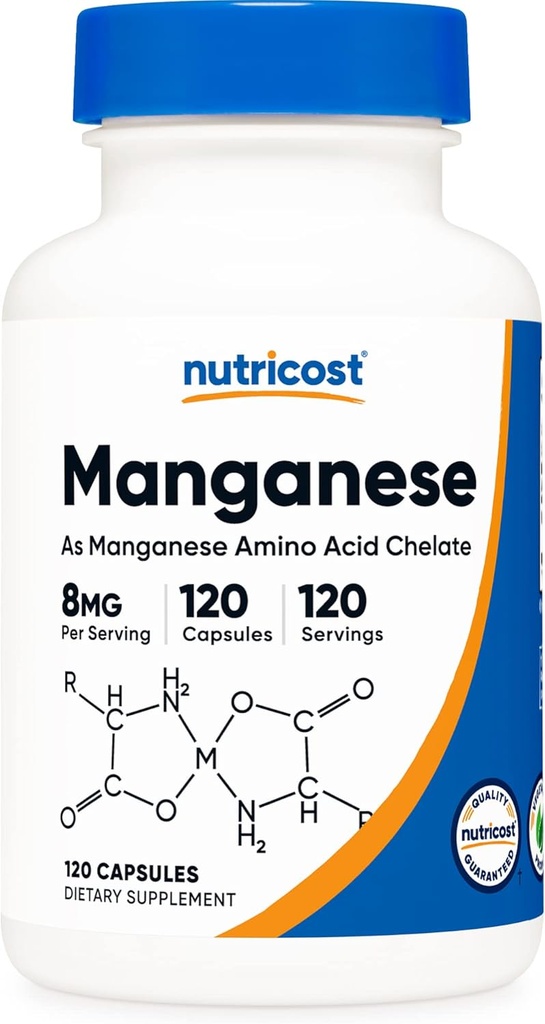 Nutricost Chelated Manganese Supplement 8 mg, Aminosyrechelat, 120 kapsler, 120 Servere - Gluten Free, Non- GMO og vegetar Friendly
