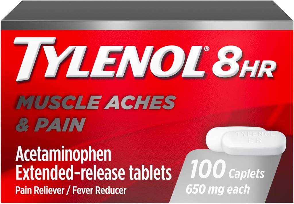 Tylenol 8 timers Acetaminophen 650 mg Extended Release Caplets, Hurtig fungerende Bi- Layer Design, Quick & Long Lasting Pain Relief for Muscle, Joint, Back & Gigt Aches, Feber Reducer, 100 Greve