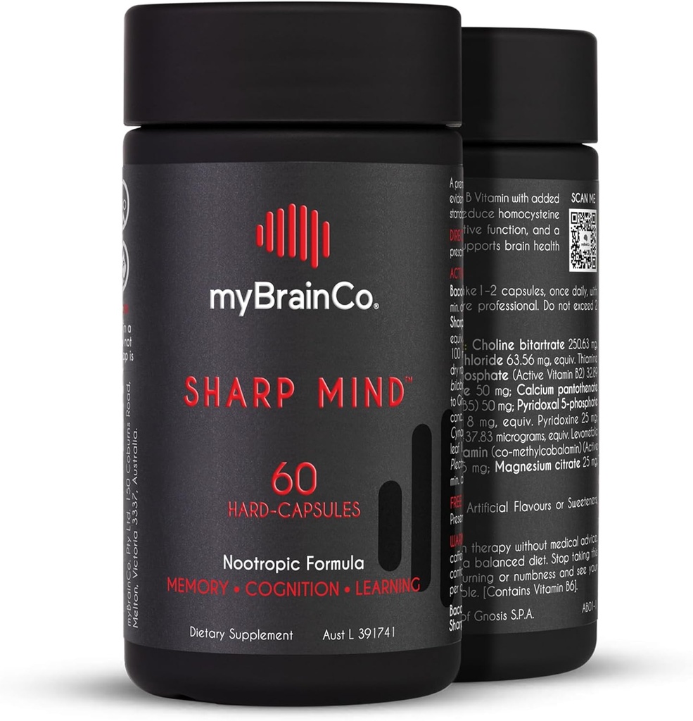 myBrainCo. Sharp Mind - Nootrop Brain Supplement for Memory & Focus - Adaptogene urter & Nootropics til at understøtte hjerne sundhed - Rhodiola, Gingko, Phosphatidylserin og mere (60 Vege- kapsler)