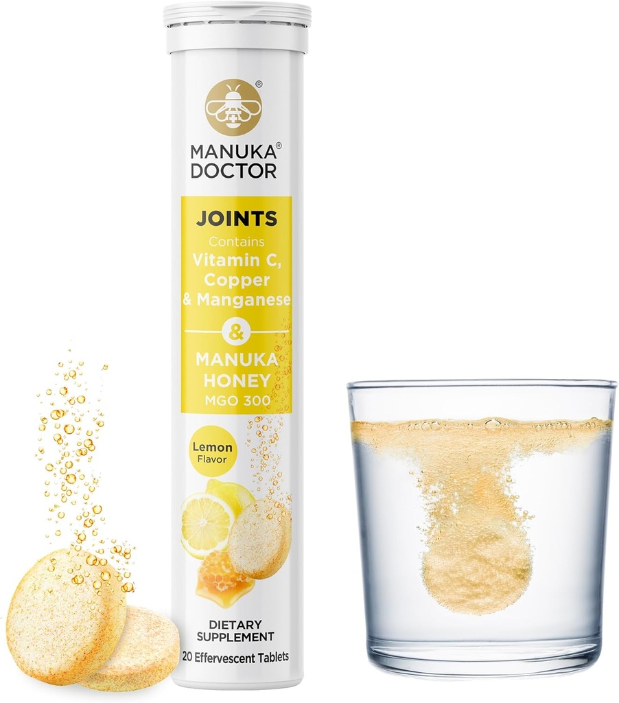 Manuka Doctor Joints * Daglig fælles støtte supplement med Manuka honning, C-vitamin, kobber & mangan til at fremme fælles sundhed, Lemon Flavor, 20 effervescent tabletter