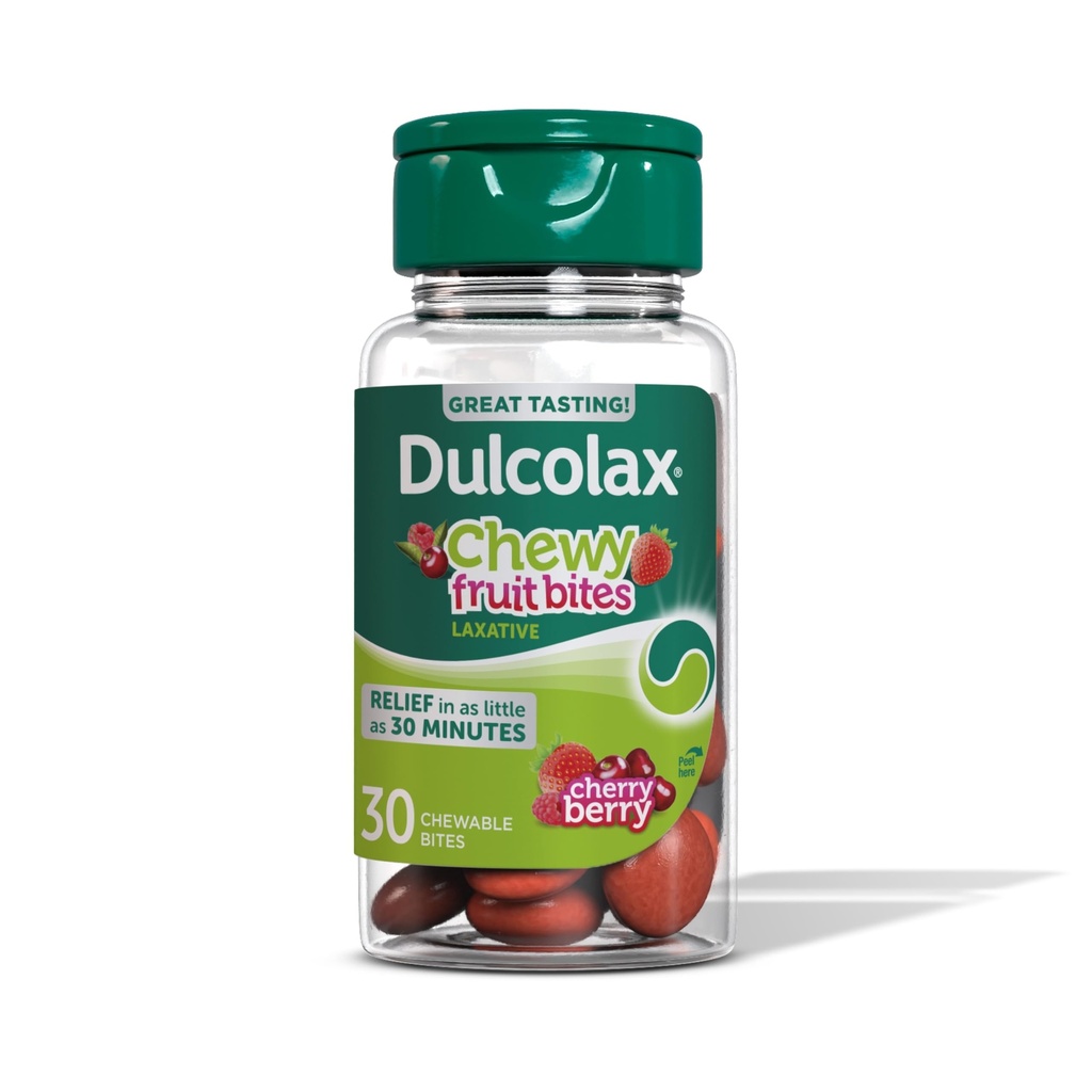 Dulcolax Saline Laxative Chewy Fruit Bites, Fastvirkende Laxative & Daltle Constipation Relief, Cherry Berry Flavor, Magnesium Hydroxid 600 mg, 30 Tælling