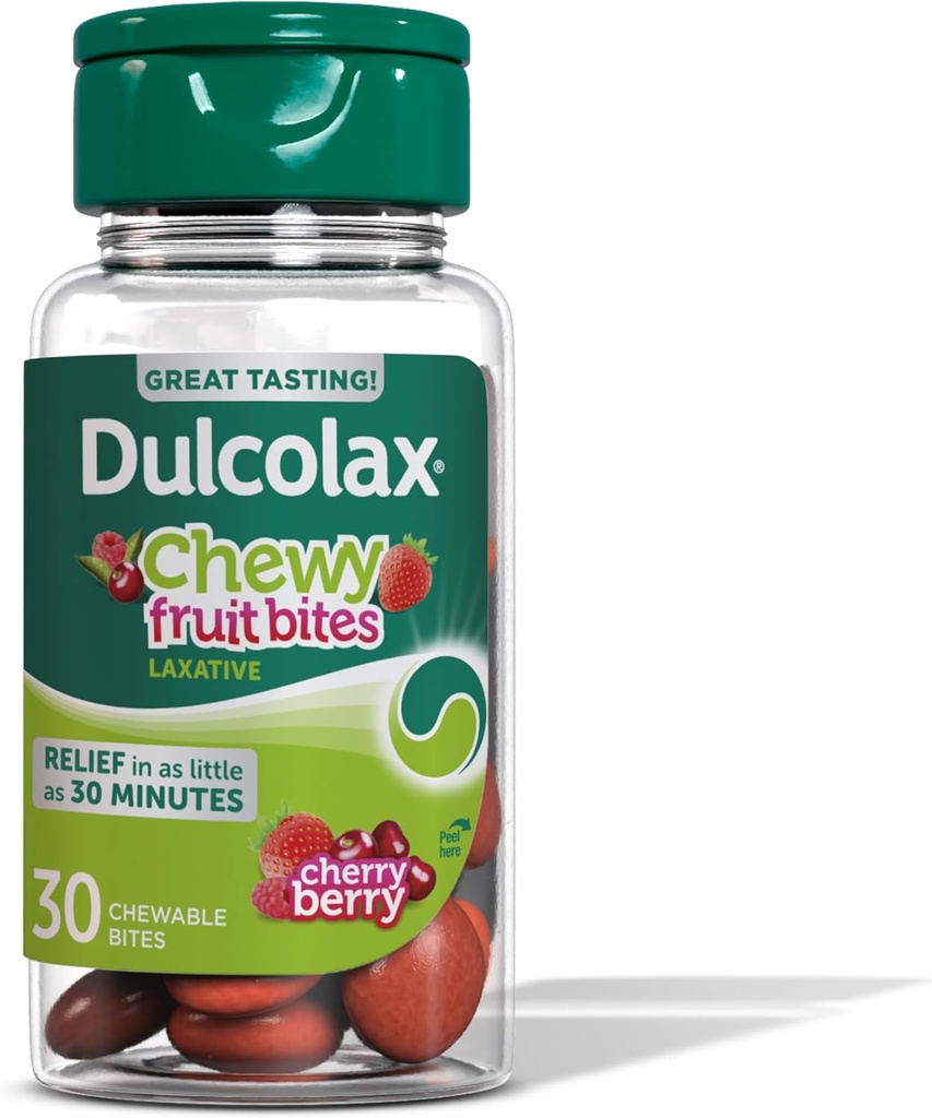 Dulcolax Saline Laxative Chewy Fruit Bites, Fastvirkende Laxative & Daltle Constipation Relief, Cherry Berry Flavor, Magnesium Hydroxid 600 mg, 30 Tælling