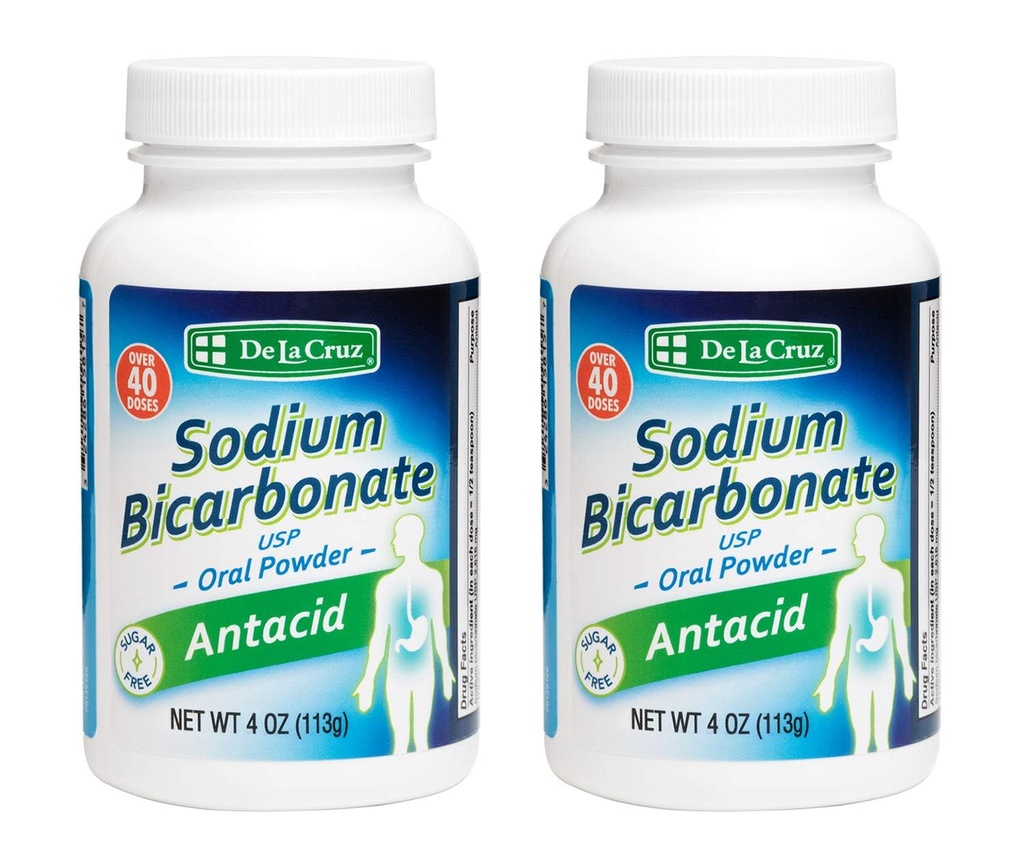 De La Cruz Pure Sodium Bicarbonat Powder - Bagning Soda & Bagning Powder Aluminium fri Antacida for Heartburn & fordøjelsesbesvær - Pakket i USA - 4 OZ. (2 flasker)