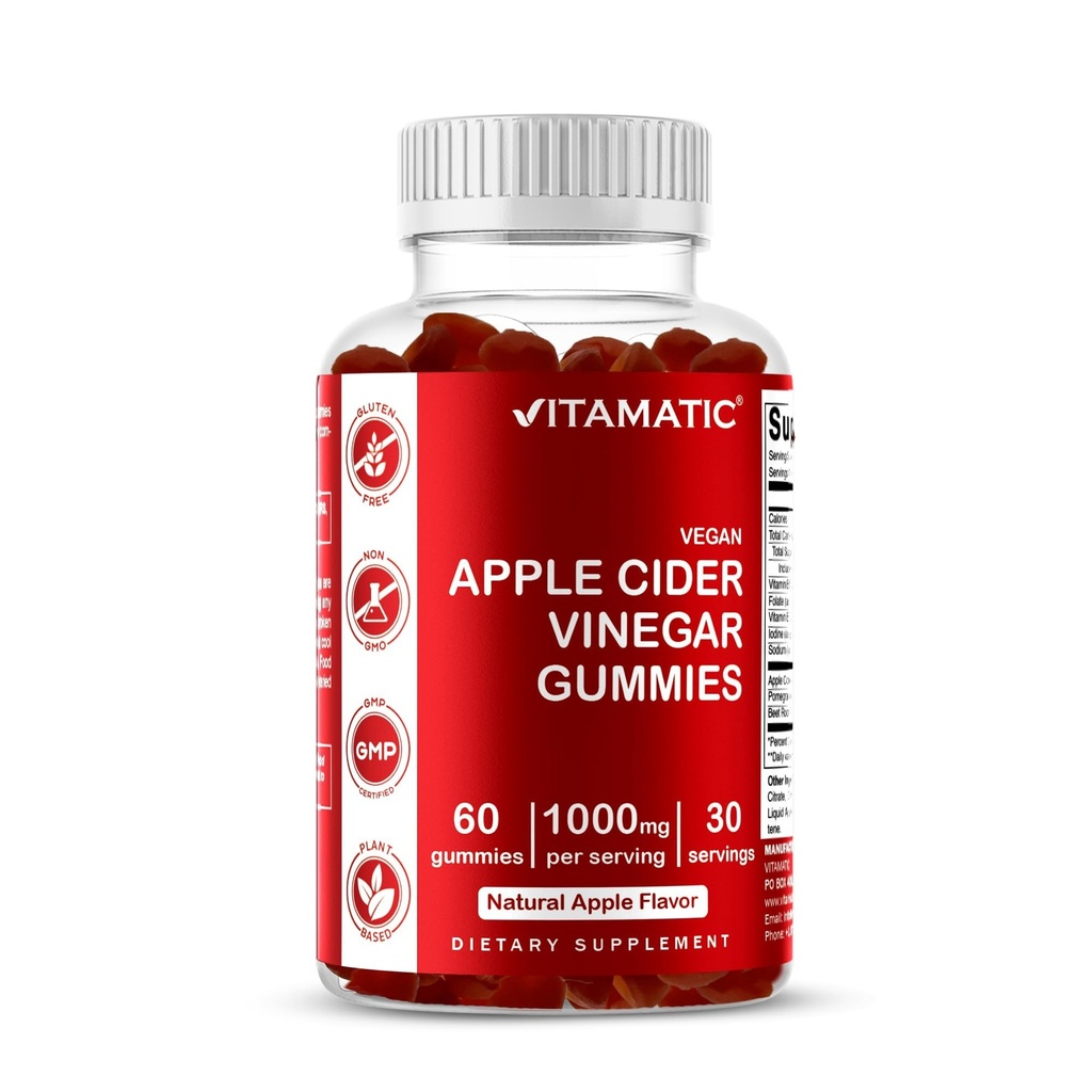 Vitamatic Apple Cider Vinegar Gummies - 1000 mg per servering - 60 Vegansk Gummies - ACV Gummies for Detox, Vægttab Support, Energy Boost, fordøjelse & Gut Sundhed