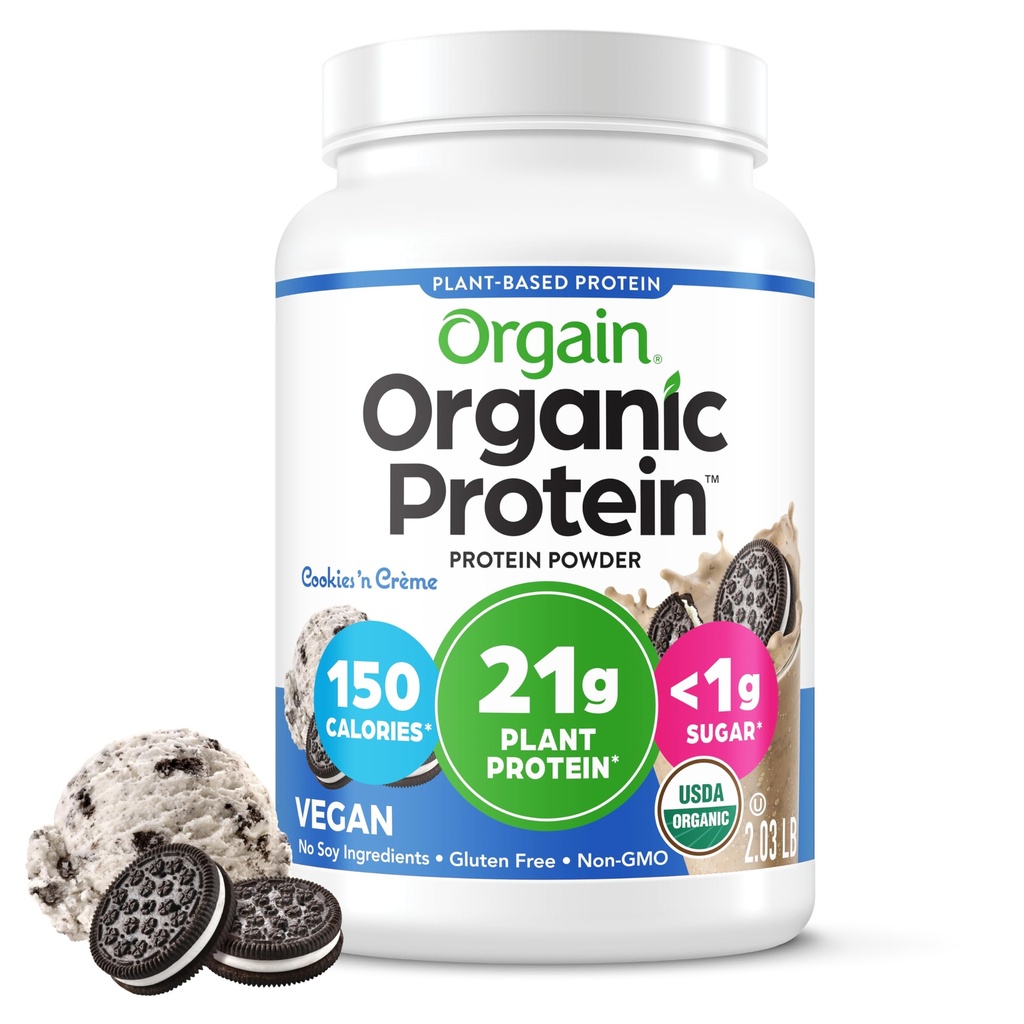 Orgain Organic Vegan Protein Powder, Cookies & Cream - 21g Plant baseret protein, 7g Prebiotic Fiber, Low Net Carb, Ingen laktoseingredienser, Ingen tilsat sukker, Non- GMO, For Shakes & Smoothies, 2.03 lb