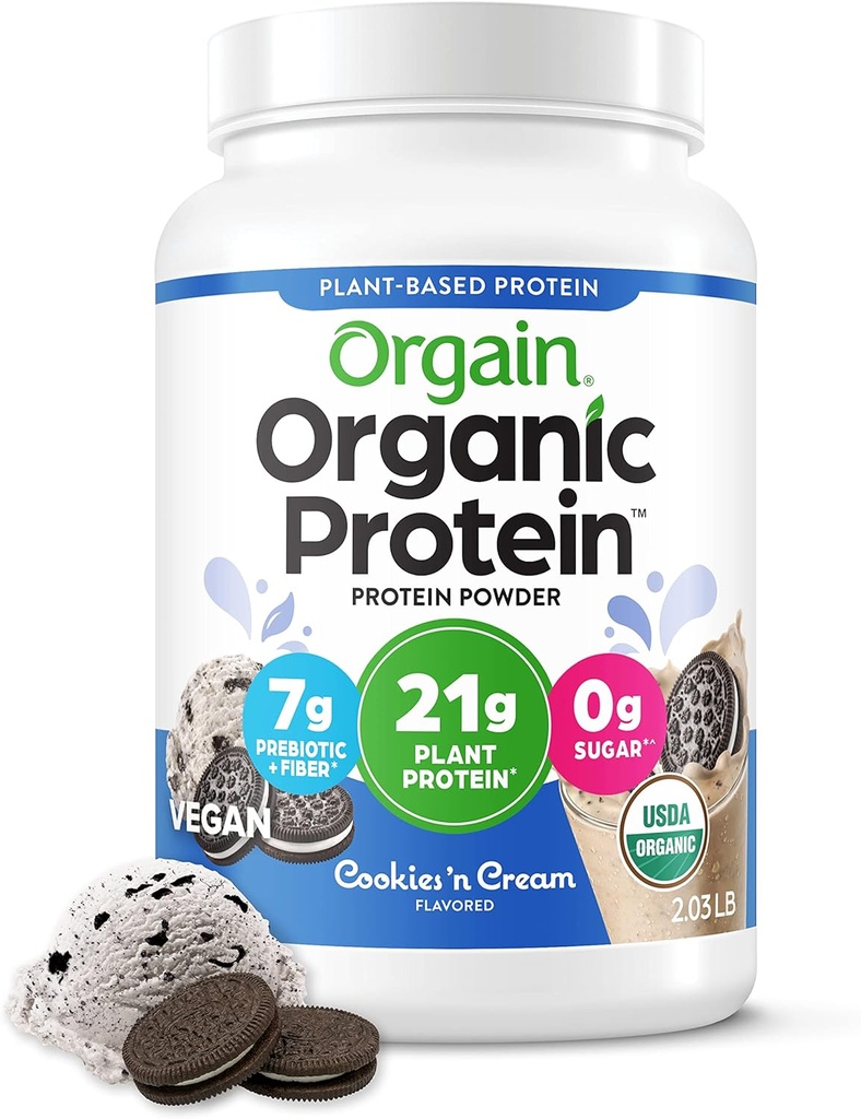 Orgain Organic Vegan Protein Powder, Cookies & Cream - 21g Plant baseret protein, 7g Prebiotic Fiber, Low Net Carb, Ingen laktoseingredienser, Ingen tilsat sukker, Non- GMO, For Shakes & Smoothies, 2.03 lb