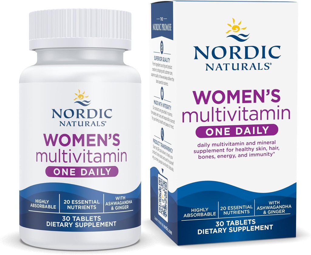 Nordic Naturals Women 's Multivitamin One Daily - Hud, hår, energi, & Knoglestøtte - Immunitet supplement - 20 essentielle næringsstoffer - 30 tabletter - 30 servering