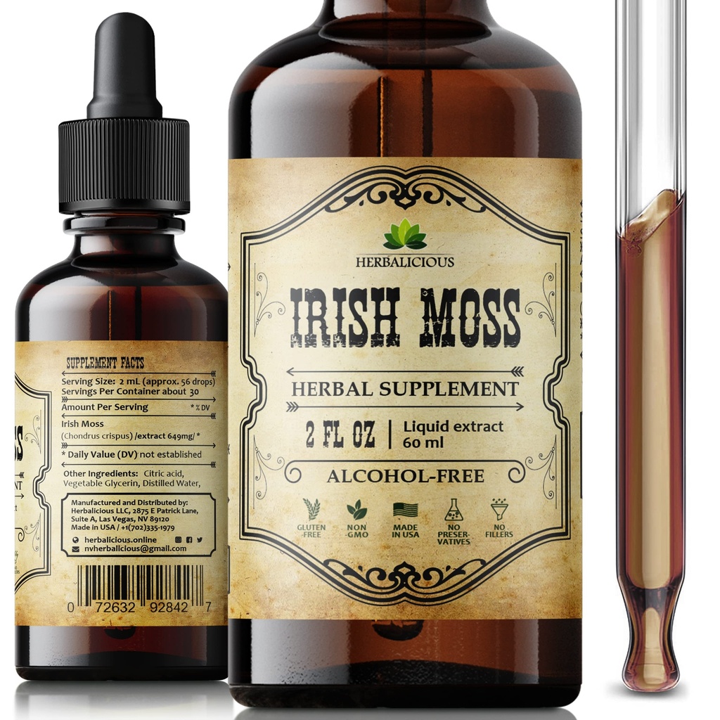 Irish Sea Moss Raw Organic Drops - Natural Irish Sea Moss Extract for Thyroid Support, Dissestion & Energy - Liquid Dietary Supplement - Vegan, Non- GMO - 2oz Flaske