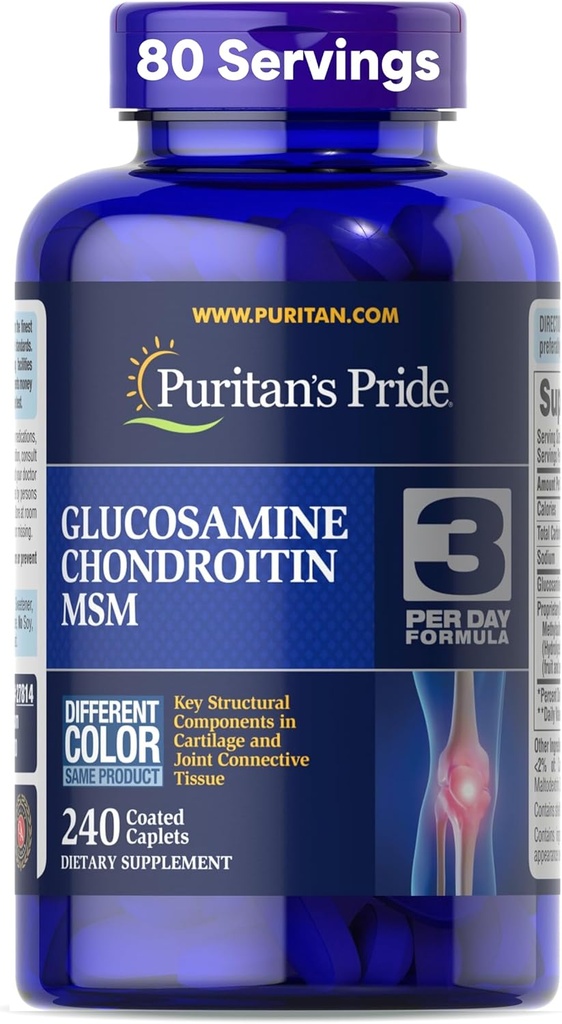 Puritans Pride Glucosamine Chondroitin MSM Kosttilskud til fælles sundhed, 240 overtrukne tabletter (Emballage kan variere)